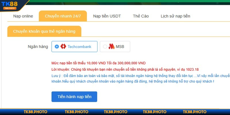 Chọn ngân hàng đang sử dụng để nạp tiền TK88