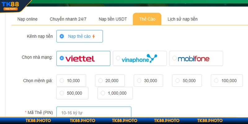 Hãy điền mã thẻ nạp tiền vào tài khoản TK88 chính xác